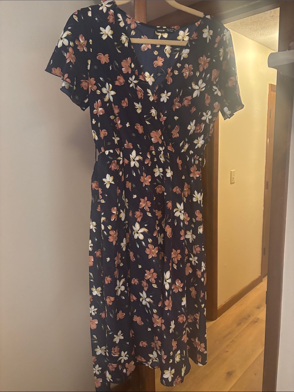 Floral Short-Sleeve Midi Dress - Black with White & Brown Flowers